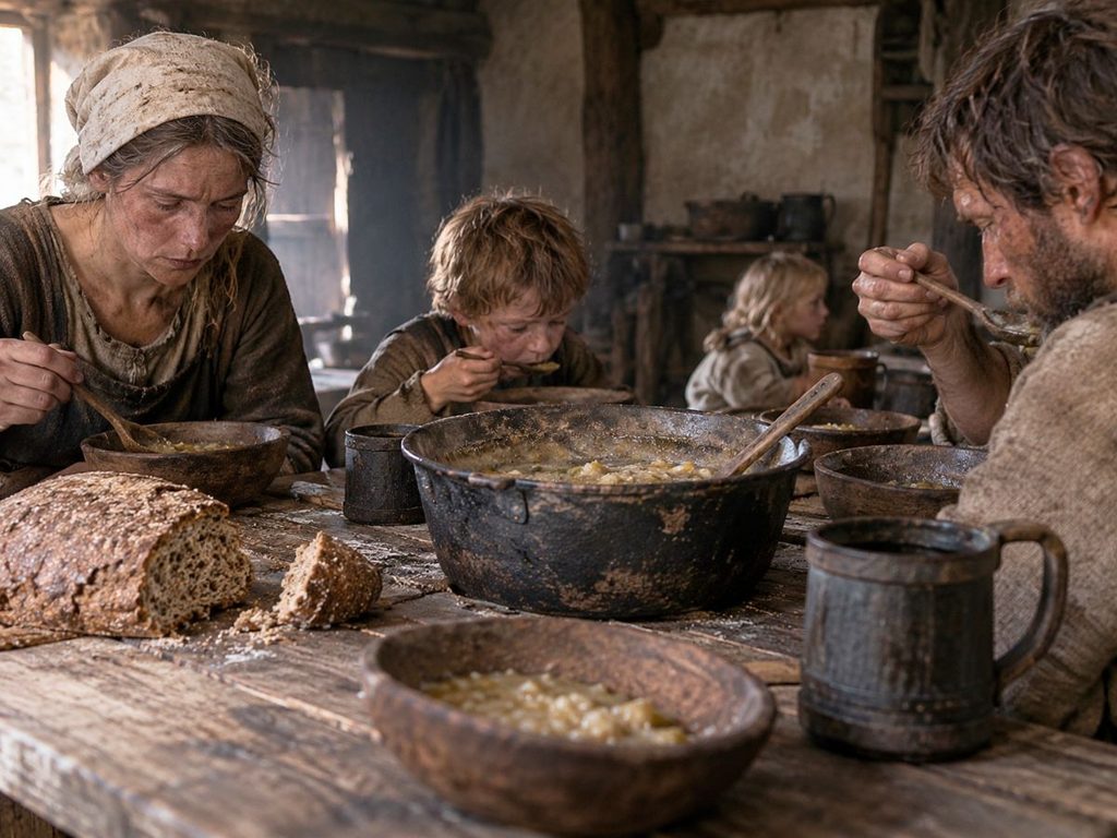 A family in the Middle Ages eating a meal in a small house answering the question, what did medieval peasants eat.