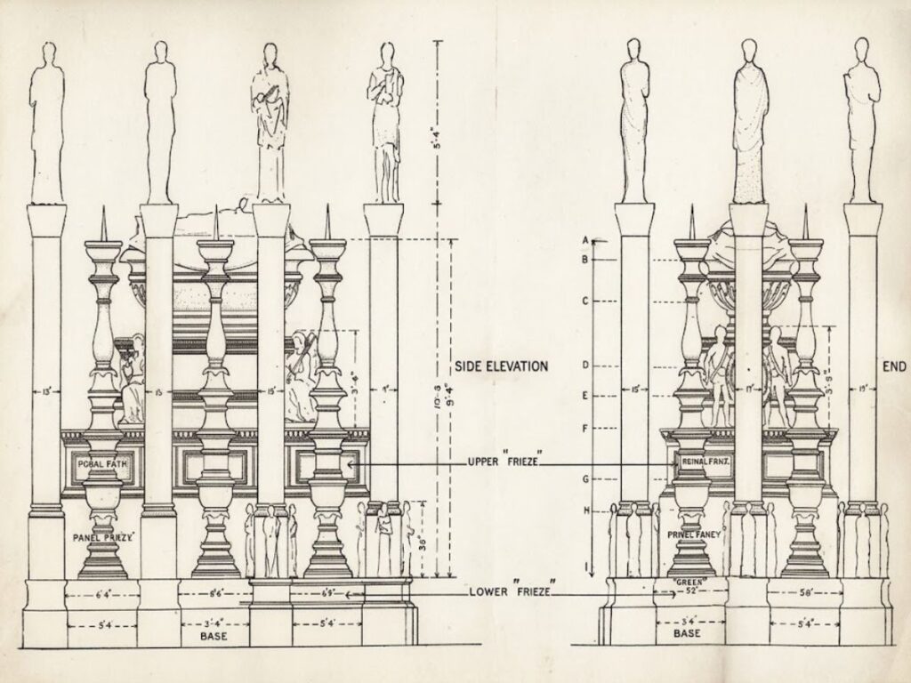 An architectural drawing showing the side and end elevations of an elaborate royal tomb monument with tall columns and statues. The design includes detailed measurements and decorative features for a proposed memorial to Henry VIII.